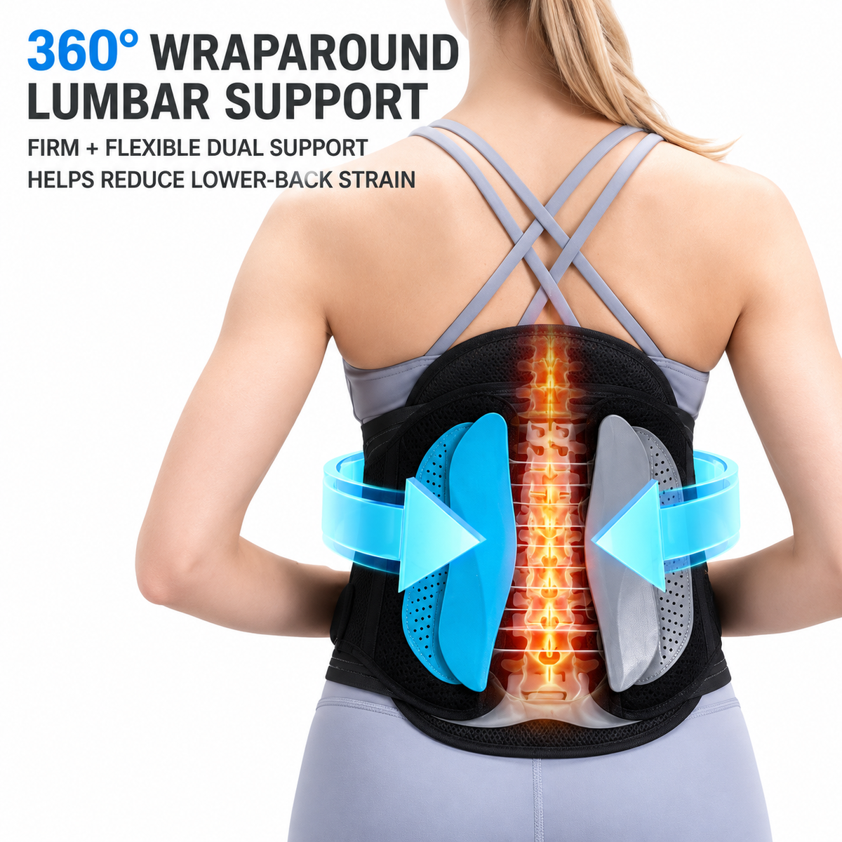 Adjustable Lumbar Support Back Brace with Pulley System – 360° Lower Back Support
