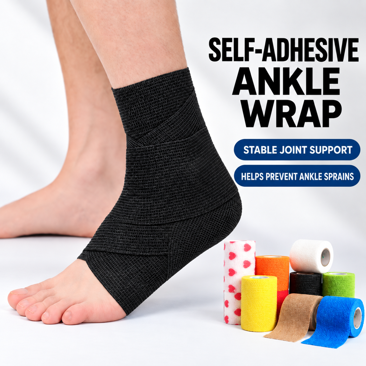 Black self-adhesive ankle wrap with assorted cohesive bandage rolls