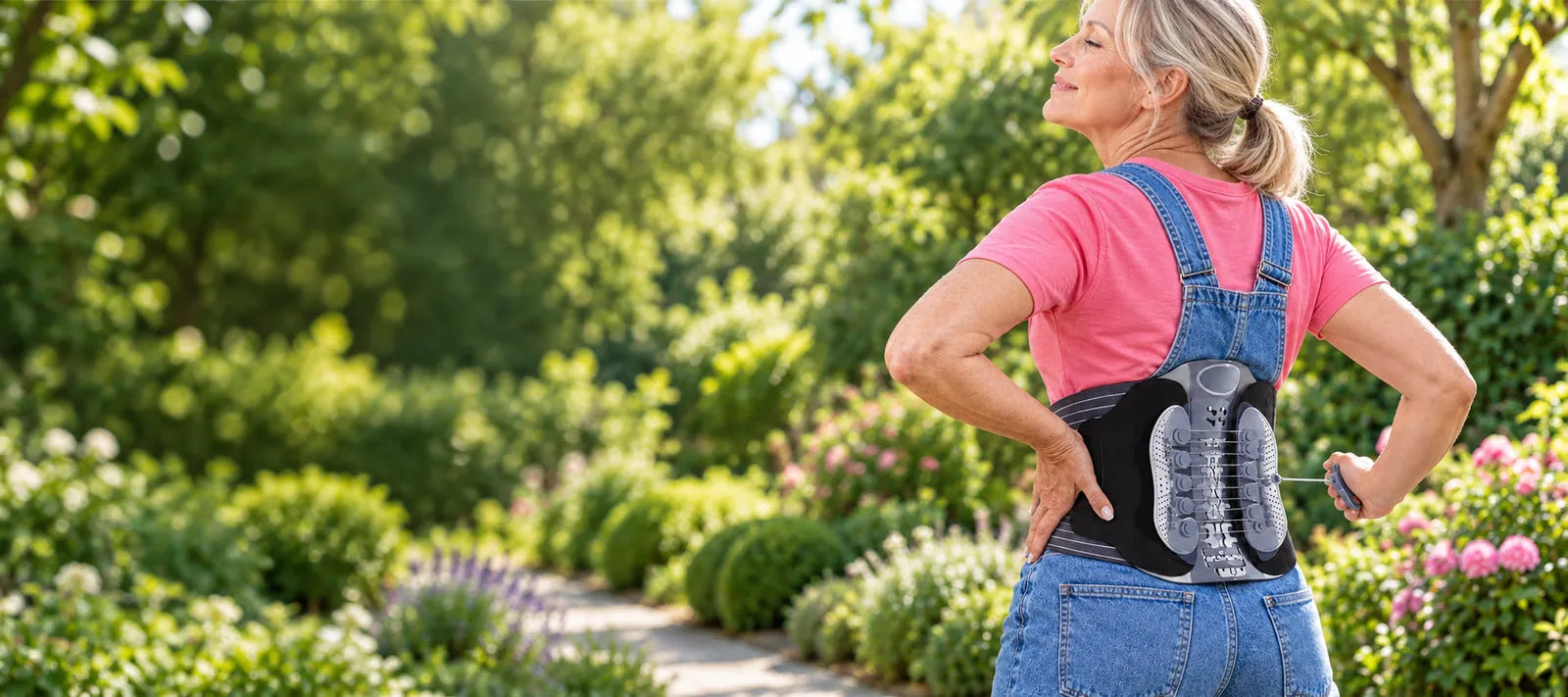 Older woman wearing an adjustable lumbar support outdoors