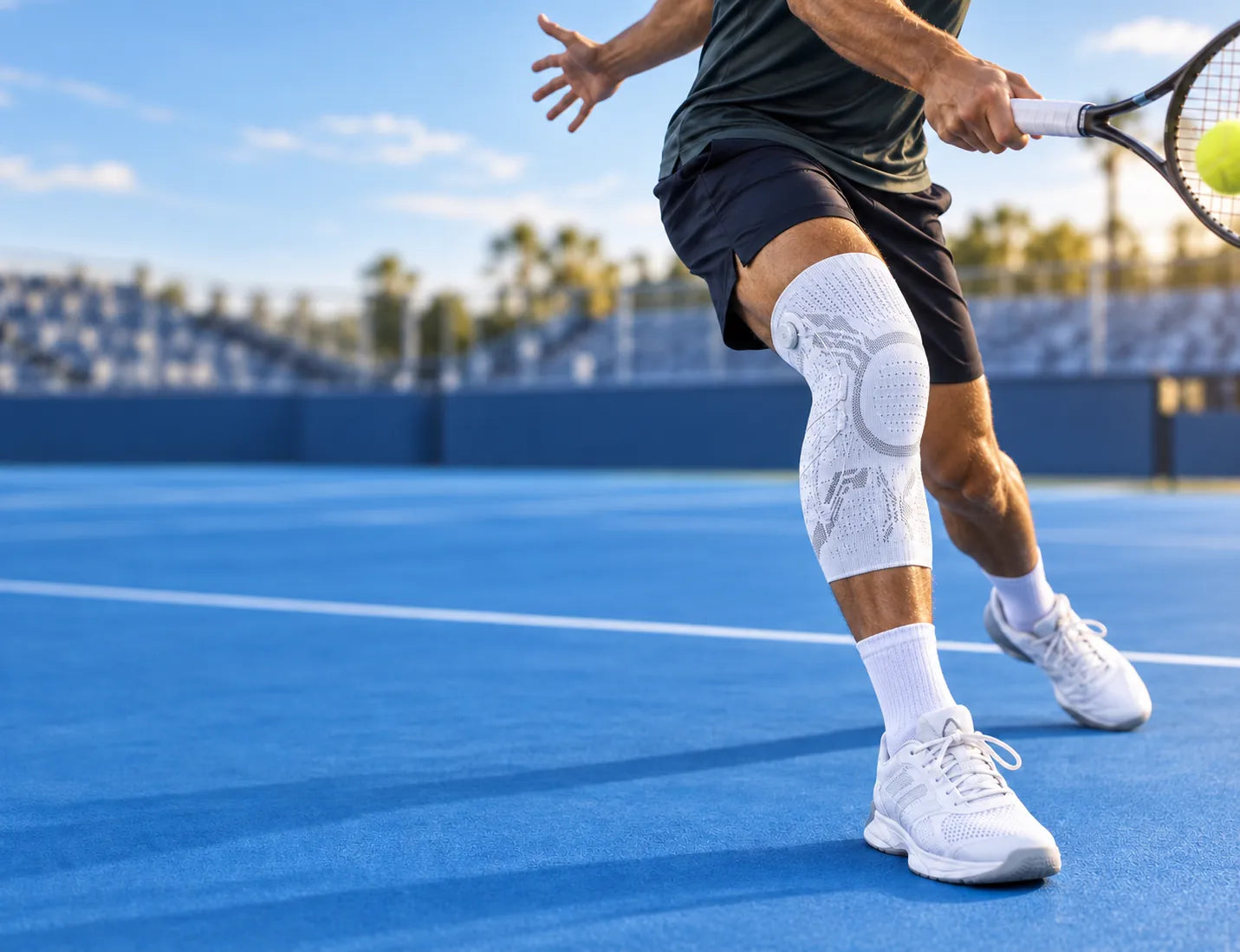 Tennis player wearing a white knee support