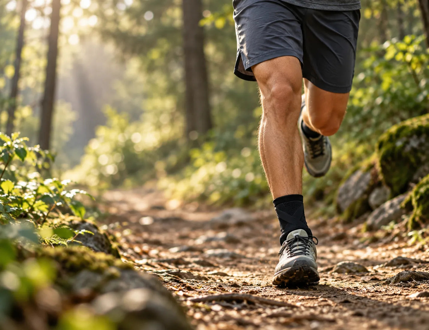 Trail runner wearing an ankle support